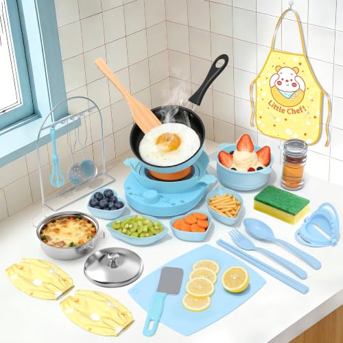 Gotoofun Kids Cooking Set Real for Beginners 28PCS Mini Kitchen Starter Set with Anti-Slip Safety Guard Easy Cooking Toys for Boys Girls Ages 8-12 Blue