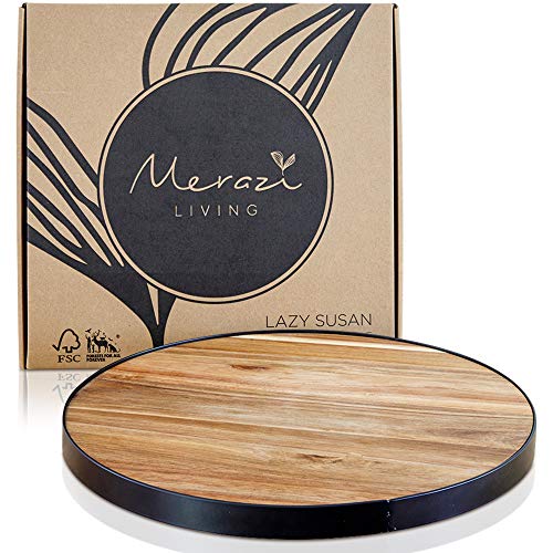 Acacia Wood Lazy Susan Turntable - 14" Diameter - 100% Grapeseed Oil Finish - Wooden Lazy Susans with Iron Rim | Wooden Lazy Susan Kitchen Turntable | Lazy Suzanne Turntable for Tabletop or Spice