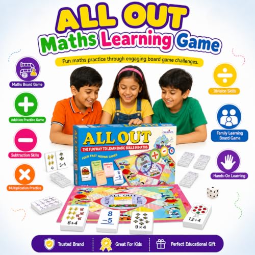 Image of Creative's All Out, Maths Board Game for Kids, 4-in-1 Addition Subtraction Multiplication Division,120 Game Cards Dice Activity Guide, Basic Arithmetic Skills, STEM Educational Games, Ages 6+