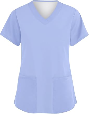 Scrubs for Women Solid Color Nursing Tops V-Neck Short Sleeve Wrinkle-Free Workwear with Pocket