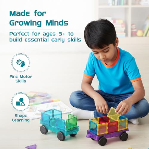 Image of Amazon Brand - Jam & Honey Magnetic Tile Cart Set for Kids | 2 Pcs Add-On Cart Set | Compatible with Magnetic Tiles | STEM Learning & Creative Construction Toy | Brain Development & Educational Play | Durable MABS Plastic with Strong Magnets | Ages 3+ Years | Multicolour | Product Dimensions: 22 x 15 x 5.5 cm