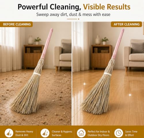 Image of Natural Palm Dry Leaf Broom | Khajur Jhadu Pack of 1 | Eco-Friendly Floor Cleaning Broom Stick | Less Dust /Bhusa | Lightweight Handmade Jhadu for Home, Kitchen, Office & Outdoor | Multicolor