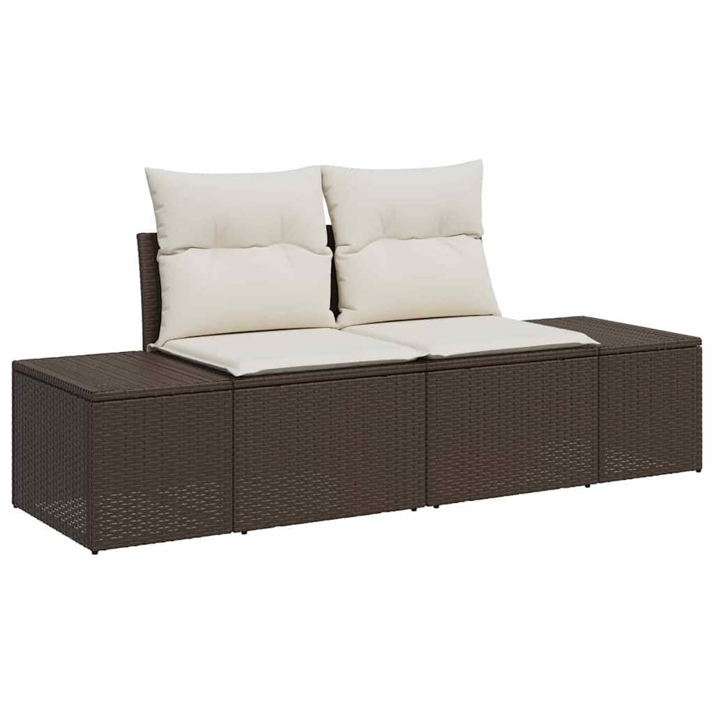 Sofa ogrodowa 7-częściowy zestaw z poduszkami w kolorze brązowym i kremowym, modułowy mebel outdoorowy z polirattanu ze stalową ramą i stołem ze szkła o regulowanej wysokości, wygodny zestaw