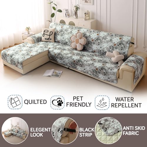 Image of HOKIPO 'Elira Series' Printed Quilted One-Piece L Shape 6 Seater (3+3) Sofa Cover with Left Chaise | Anti-Slip Design, Feather Brown Floral (AR-5375-C1)