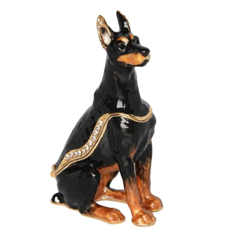 YOPI Miniature Doberman Dog Sculpture Bejeweled Trinket Keepsake Box – Hand-Painted Rhinestone Pet Memorial Jewelry Storage With Magnetic Closure