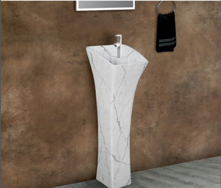 Perfect Compact Glossy White with Black Marble Shade Colour Pedestal Free Standing Designer Wash Basin | Luxury Designer Ceramic Art Standalone Wash (34.2H x 12.7W X 11.4D Inch)