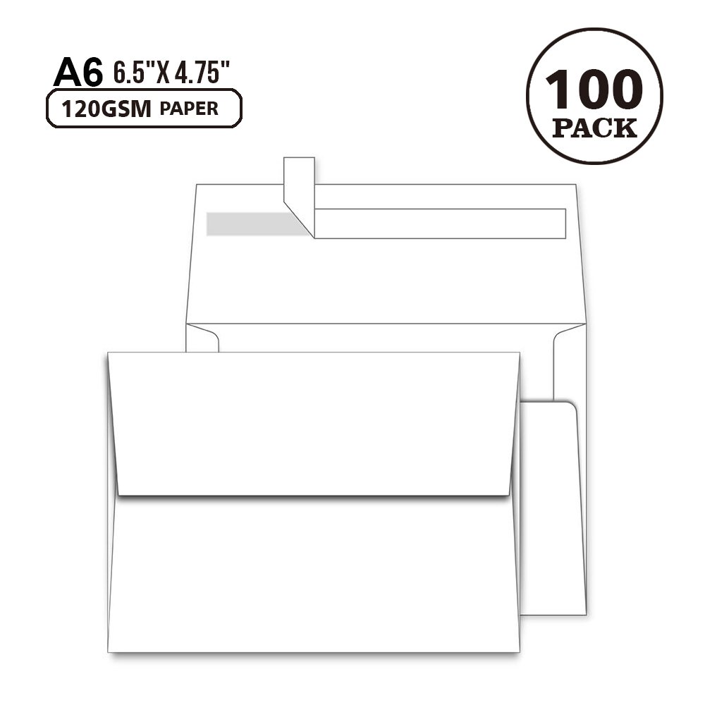 A6 White Envelopes 4X6 100 Pack - Quick Self Seal,For 4x6 Cards| Perfect for Weddings, Invitations, Photos, Graduation, Baby Shower| 6.5 x 4.75 Inches (A6)