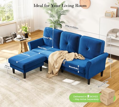 Image of Kidirect Small Sectional Couch, 83 inch L Shaped Couch, Comfy Velvet Couches for Living Room, Tool-Free Setup Modular Sectional Sofa, 850lbs Load Sofas for Living Room with 1 Movable Ottoman, Blue Couch