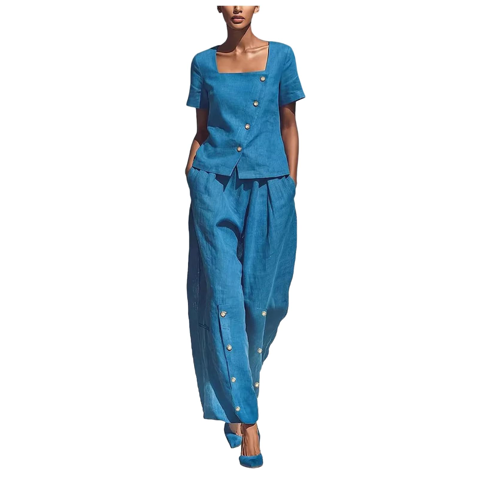 hausanzug damen Lässiges und modisches Damen Set aus kurzem Ärmel, weitem Bein, eckigem Ausschnitt, schräger Vorderseite, seitlicher Knopfleiste und eckiger Hose mit eckigem hosenanzug (Blue, XL)