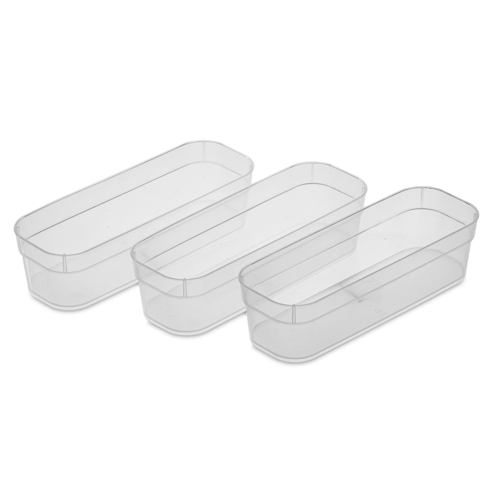 Sterilite13538608 Narrow Storage Trays with Sturdy Banded Rim and Textured Bottom for Desktop and Drawer Organizing, 3-Pack, Clear