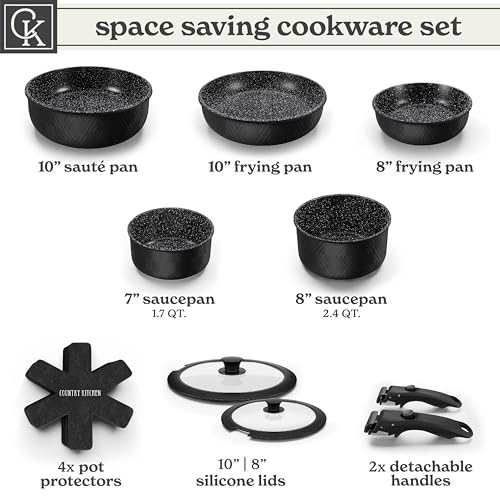 Image of Country Kitchen Cookware Set with Removable Handle, Oven & RV Safe Pots and Pans Set, Black Rhombus, Original