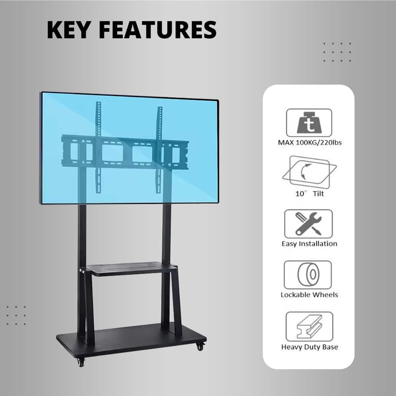Image of Robustt TV Stand with Wheels | Fits 50-98 Inches TV | Heavy Duty Material | Tilt & Height Adjustable Rolling TV Stand | Movable TV Stand | Flexible Shelf | Cable Management - Pack of 5