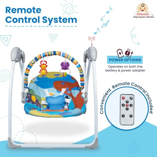 Image of Infantso Automatic Baby Swing Rocker with Hanging Toys and Remote Control for Newborn Baby - Foldable with Speed Adjustment and Safety Harness (Blue)