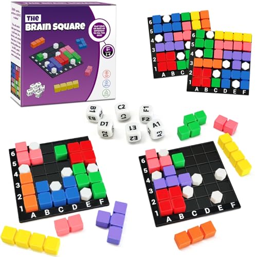 4 Players STEM Puzzle Game The Brain Square with 160000+ Solutions Pattern Matching Blocks Brain Teaser Toy Roll Dice & Race Your Opponent to Fill Grid for Kids Birthday Graduation
