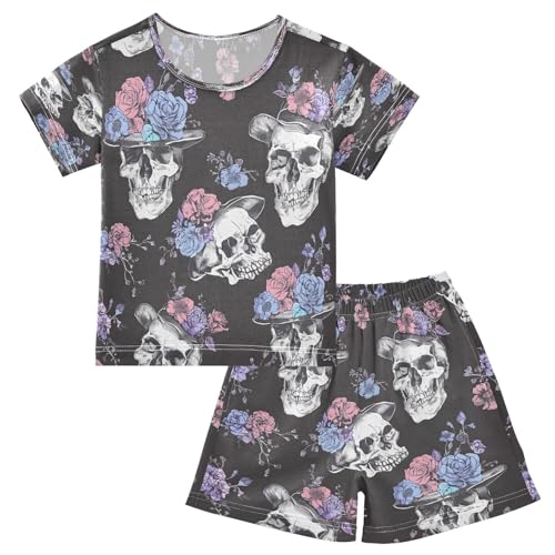 senya Short Sleeve Pajamas Sets Summer Cotton Sleepwear Skulls with Floral Hats