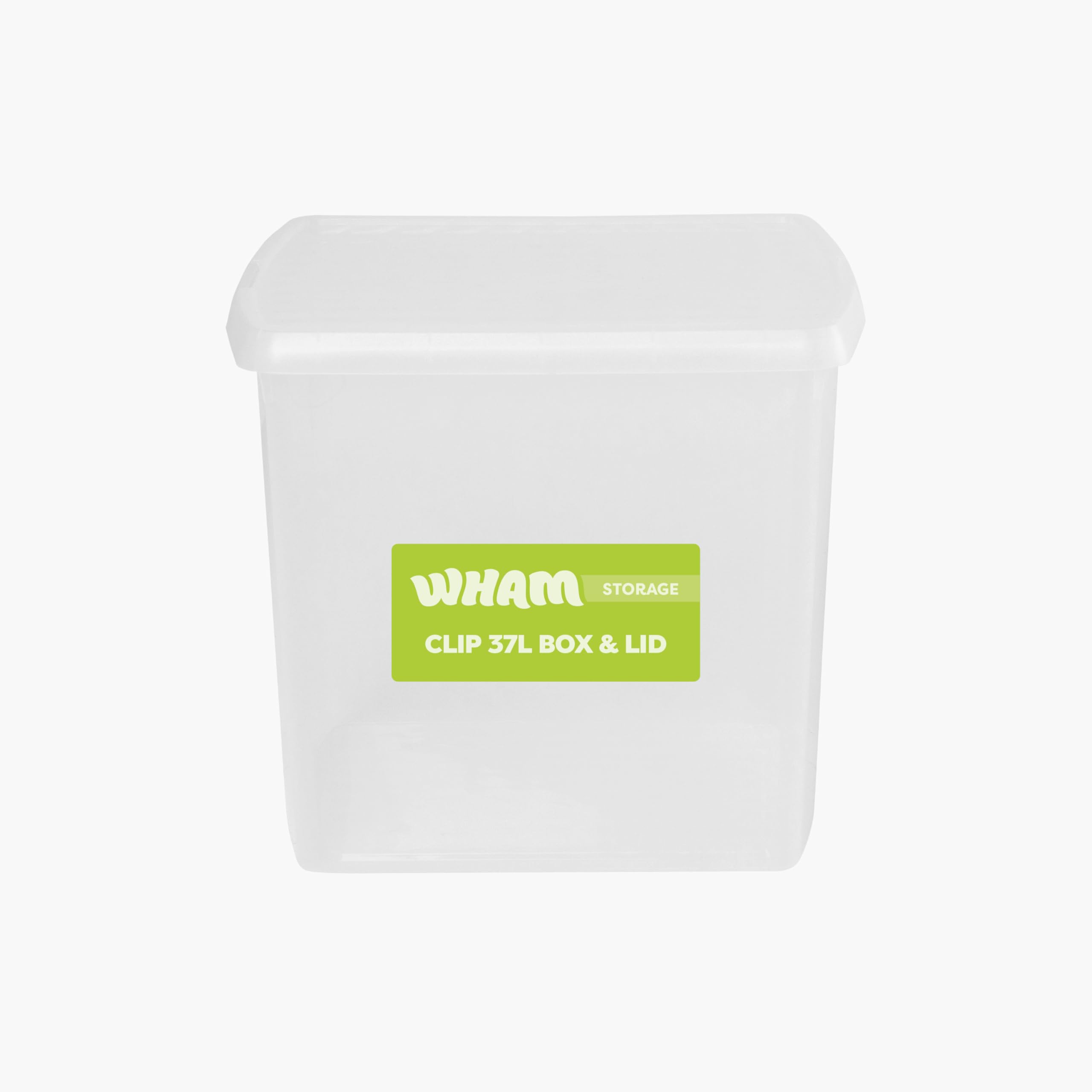 Wham Clip 37L Square Stackable Plastic Storage Box with Lid | Ideal for Home, Office, Toys & More | Storage Container with Clip Lock | Made in UK - Clear/Clear