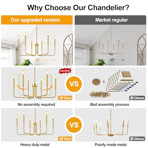 Brass Gold Chandelier, 6-Light Chandelier Light Fixture Farmhouse Chandeliers for Dining Room, Vintage Candle Pendant Light Fixtures Chandelier for Bedroom, Kitchen, Foyer, Entryway and Living Room