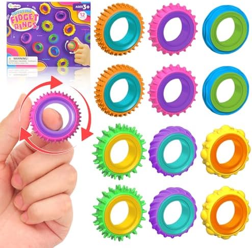 Fidget Toys Sensory Rings for Kids: 12 Pack Finger Spinner Rings, Stress Relief Sensory Toys for Kids with Autism - Fun Classroom Fidgets Toys for Student Prize Stuffers,Valentine Day Gift