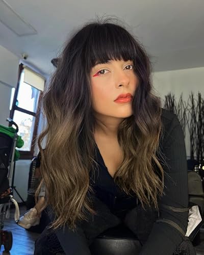 LEMEIZ Peruca castanha degradada com franja, sintética, de cabelo castanho, com franja, afro, sem cola de 56 cm, LEMEIZ-180