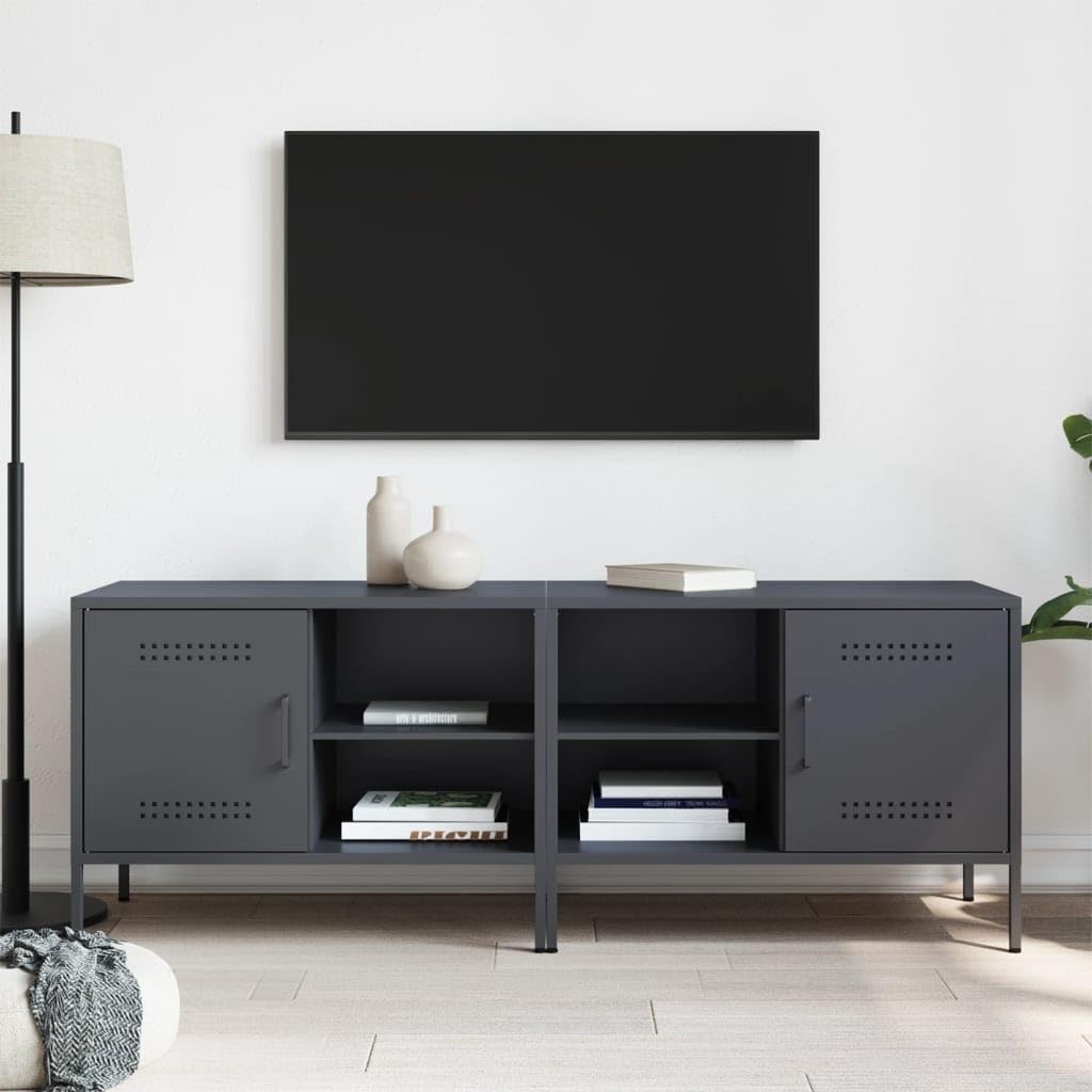 Szafka pod telewizor 2 szt. antracytowa ze stali, 68 x 39 x 50,5 cm, niska szafka z półką i 2 półkami, szafka pod telewizor do salonu, sypialni, do gier i kina domowego, zajmuje mało