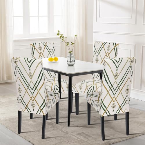 Image of SearchI Dining Room Chair Covers Set of 6, Stretch Printed Kitchen Chair Slipcovers Removable Washable Parsons Chair Covers Protector for Dining Room, Hotel, Ceremony (Beige-Green Stripe)