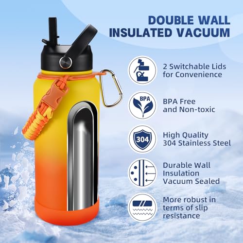 Image of Insulated Water Bottle, 32 oz Stainless Steel Wide Mouth Water Bottles with 2 Leak Proof Lid and Paracord Handle, Double Wall Vacuum Insulated Sports Water Bottle, Yellow Orange