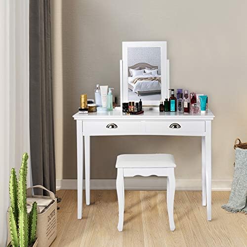 Kinbor Vanity Set with Mirror & Cushioned Stool Makeup Dressing Table Vanity Set, White