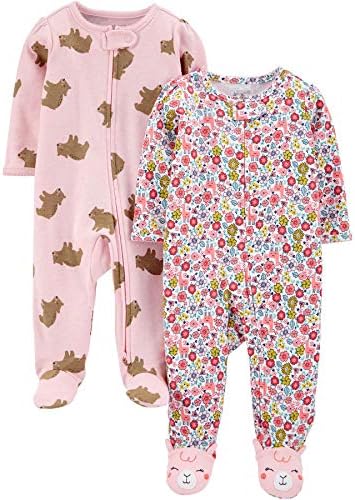 Simple Joys by Carter's Baby Girls' Cotton Footed Sleep and Play, Pack of 2, Pink Bear/White Floral, Preemie
