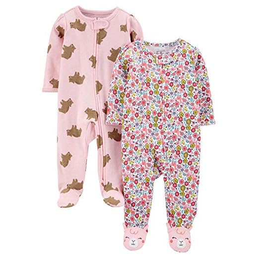 Simple Joys by Carter's 2-Pack Cotton Footed Sleep and Play Pijamas para bebés y niños pequeños, Rosa, Oso/Floral, 6-9 Meses, Pack de 2