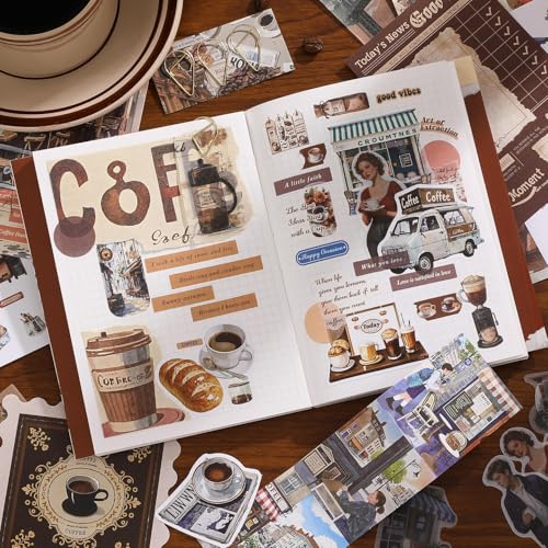 Image of GDNK Scrape Book Kit Scrapbooking Kit Vintage Journal Scrapbook Pack DIY Paper Stickers, Craft Kits Notebook, Collage Album Aesthetic Sticker Journaling Scrapbook Photo Album (See You Coffee)