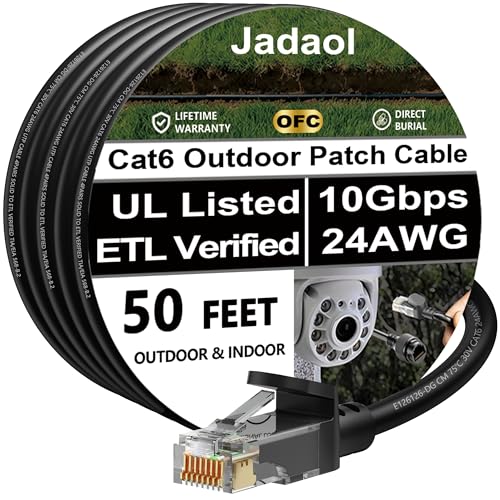 Cat6 Outdoor Ethernet Cable 50ft, 24AWG 10Gbps Support Cat8/7 Network, Pure Copper, Direct Burial Waterproof Underground Anti-UV (1Ft 3Ft 5Ft 10Ft 15Ft 20Ft 30Ft 40Ft 50Ft 60Ft 75Ft 100Ft 150ft 200ft)