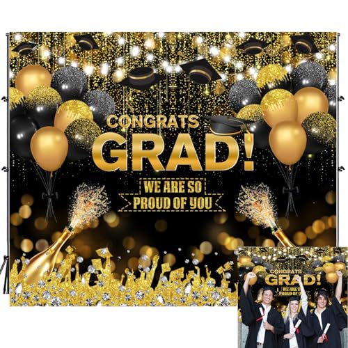 Graduation Congrats Grad Backdrop 10x8ft Vinyl Class of 2025 Graduation Congratulations Grad Black Gold Glitter Balloon Champagne Photoshoot Photography Background Decorations Studio Props