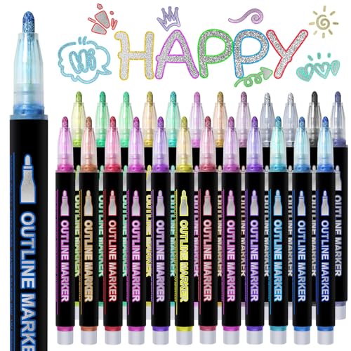Hoenart 24 Glitzer Konturstifte Set | Wasserlösliche Dual-Tip Stifte mit Goldglitter | Für Kinder & Erwachsene (DIY Bullet Journal Basteln)