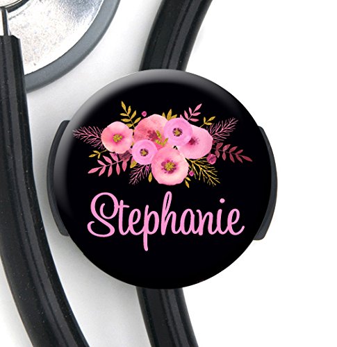 Stethoscope Tag - Pink Floral Black Bkgd - Personalized Name - Steth ID Tag/Nurse Badge