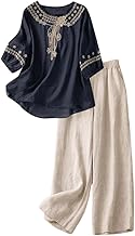 shownicer Women's Cotton Linen Set Plus Size Suit Summer Two Piece Shirt and Pants 2 Piece Set