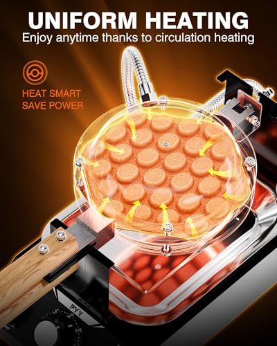 Image of PYY Bubble Waffle Maker - 1500W Commercial Egg Puff Waffle Iron, 122-482℉ Electric Stainless Steel, 180 Rotating, Non-Stick Coating, Wooden Handle & Crumb Tray, Hong Kong Round Cones