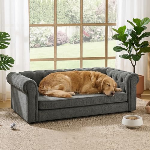 Elevated XL Large Dog Sofa with Backrest and Armrests, 55" Button Tufted Dog Couch Bed with Soft Cushion for Large Dogs, Stylish Lounging Bed Pet Couch Chair, 120Lbs Weight Capacity, Dark Gray