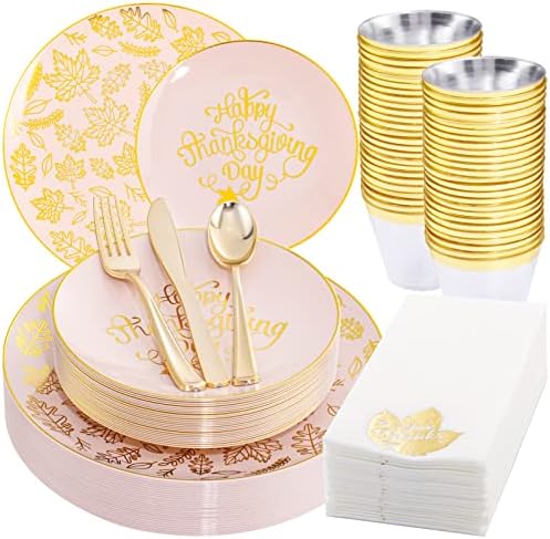 Morejoy 175PCS Thanksgiving Plastic Plates, Pink Gold Thanksgiving Dinnerware Sets Include: 25Dinner Plates, 25 Salad Plates, 25 Silverware Set, 25 Napkins, Fall Plates Disposable for Thanksgiving Day
