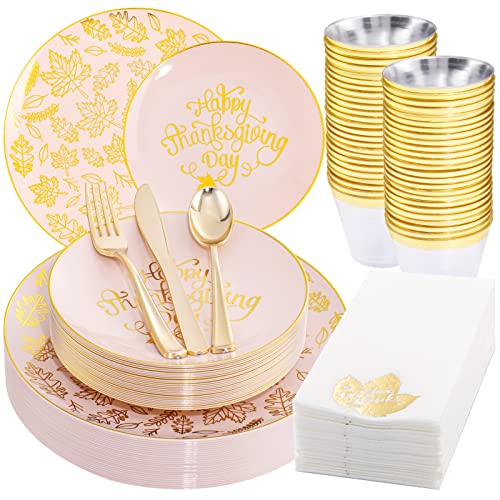 Morejoy 175Pcs Thanksgiving Plastic Plates, Pink Gold Thanksgiving Dinnerware Sets Include: 25Dinner Plates, 25 Salad Plates, 25 Silverware Set, 25 Napkins, Fall Plates Disposable For Thanksgiving Day #TOP30