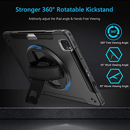 Miesherk Ipad Pro 12.9 Case 2022/2021: Military Grade Heavy Duty Shockproof Cover For Ipad Pro 12.9 Inch 6Th/5Th Generation- Pencil Holder - Rotating Stand - Hand/Shoulder Strap - Black #TOP3