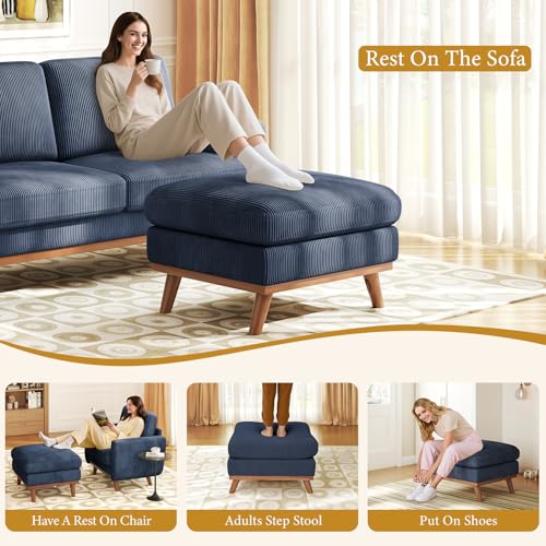 Image of Vesgantti Large Ottoman for Modular Sofa, 29.5 inch Corduroy Ottoman with Spring Cushion, Rectangle Foot Rest for Couch, Entrance Footstool with Wood Legs, Footstool for Living Room, Bedroom, Dark Blue