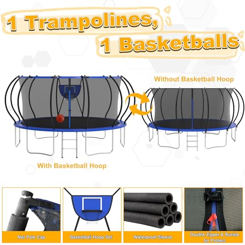 1500LBS Tranpoline Outdoor 8 10 12 14 16FT Tranpoline for Kids and Adults,【Easy to Install & Built to Last】 Recreational Tranpolines with Net, Light+Sprinkler, Basketball Hoop, ASTM Approved
