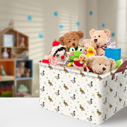 Image of Cute Mallard Duck Storage Basket Waterproof Canvas Toy Storage Bin Mallard Duck Room Decor Collapsible Outdoor Basket with Leather Handles Duck Decor Blanket Baskets For Closets,Bedrooms,Gifts Baskets