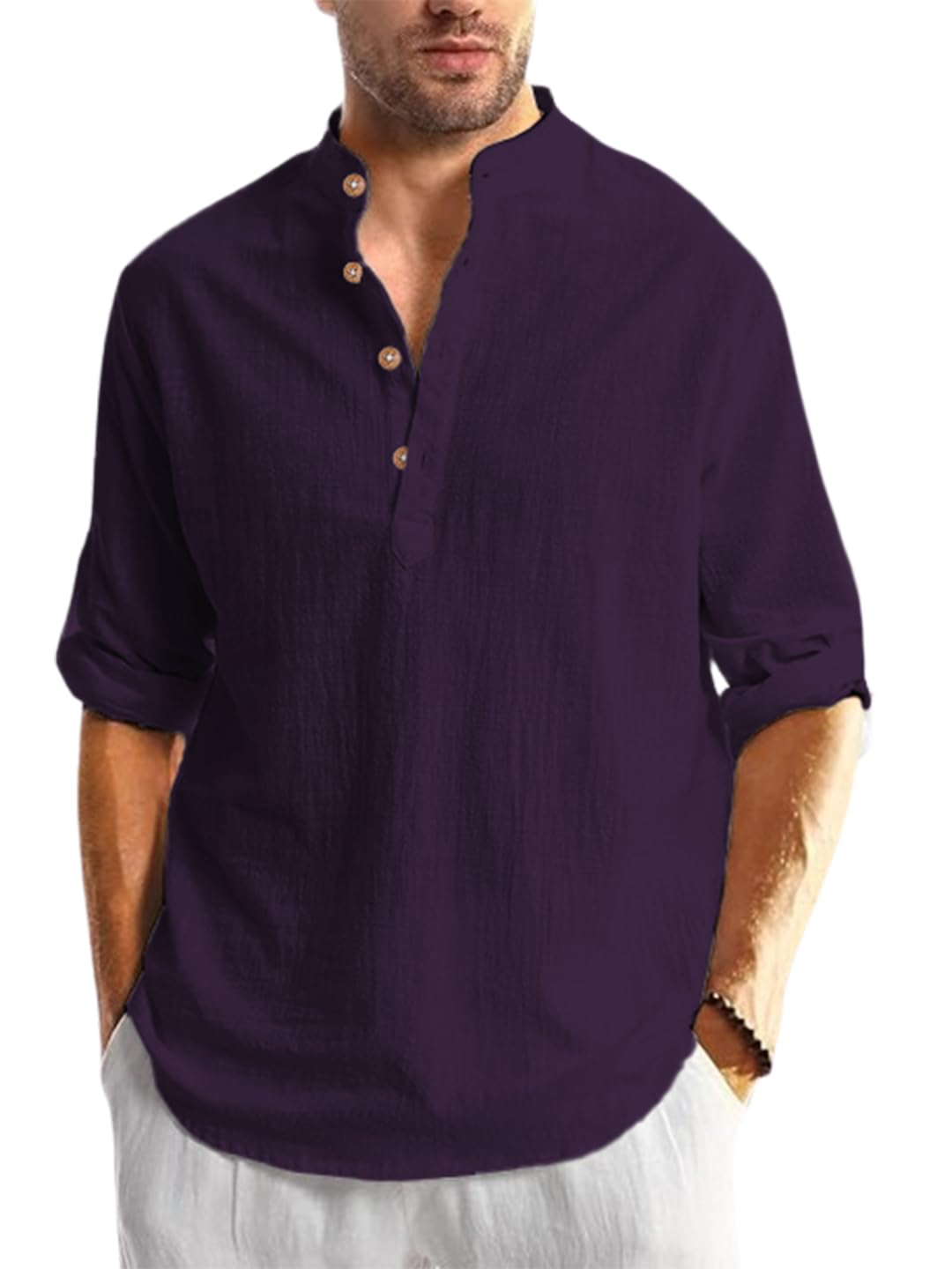 Cotton Blend Solid Casual Slim Fit Mandarin/Chinese Collor Short Kurta for Men (KRTBTN40)-image-39