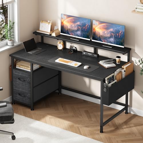 Klyvvo 120x48 Schreibtisch mit 2 Schubladen Bieten Stauraum, Computertisch, Gaming Schreibtisch mit Monitorständer,2 Ablagehaken,Kabelführungsfach,Geeignet für Homeoffice-Mitarbeiter und Gamer,Schwarz