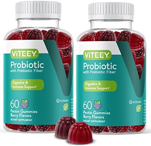 Probiotics Plus Prebiotics Fiber Gummies, Extra Strength 2 Billion CFUs For Immune Support And Digestive Support, Dualbiotic Vegan And Pectin Chewable Gummy, For Men woman Teens & Kids, Berry Flavor