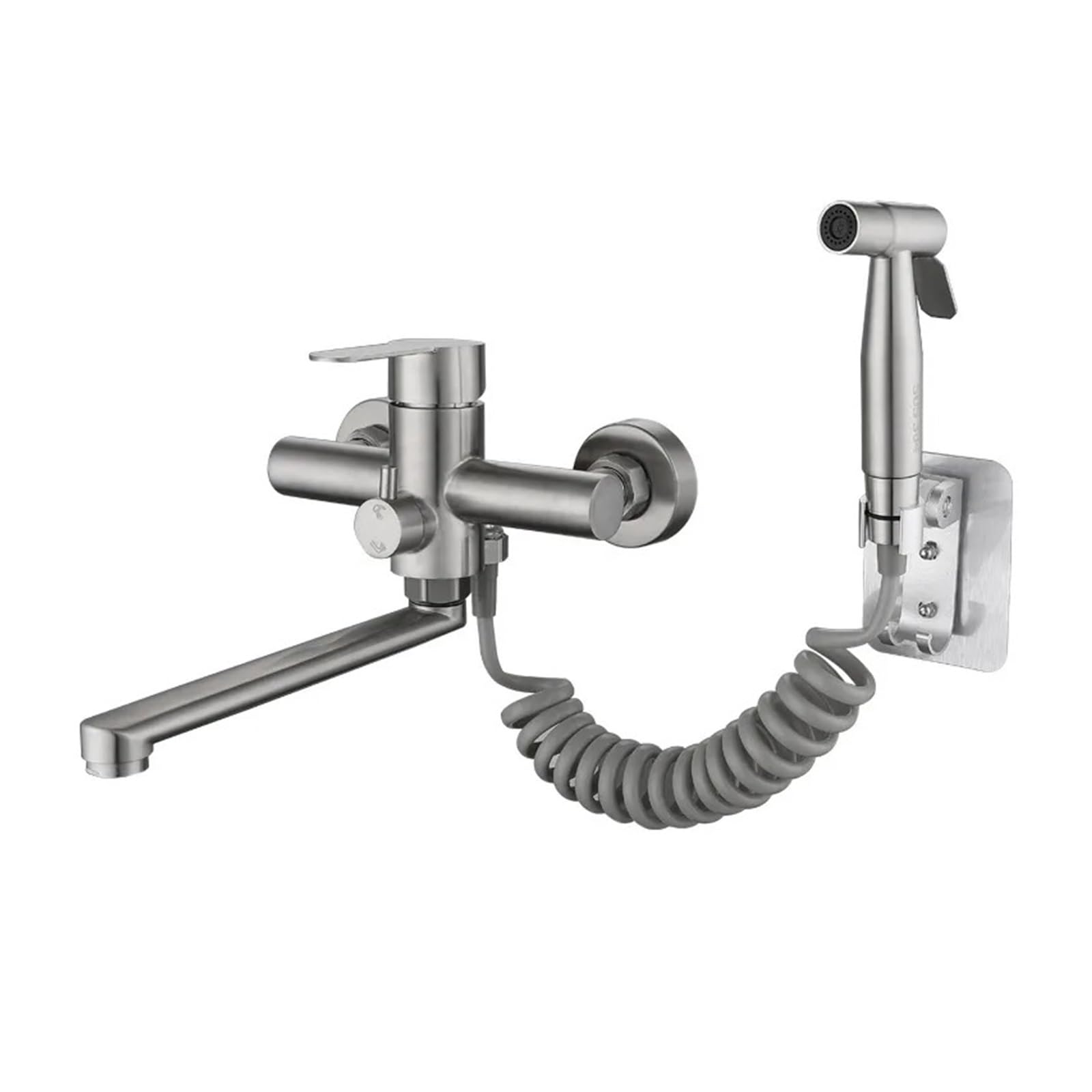 Grifo de cocina de pared doble orificio agua fría caliente y rociador