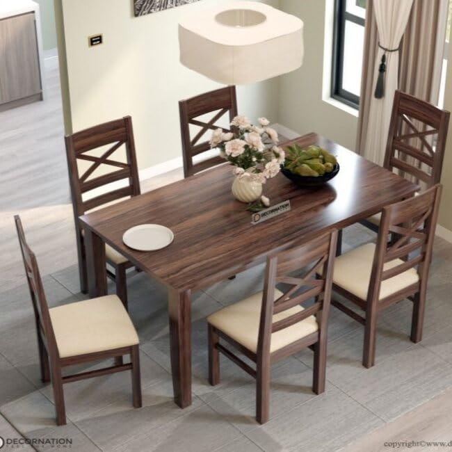 Image of DecorNation Sicily Solid Wooden 6 Seater Dining Table Set with Chairs | Modern Dining Table Furniture | Ergonomic Backrest Chairs for Home & Dining Room
