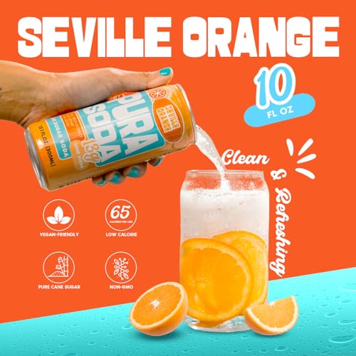 Image of PuraSoda Seville Orange - 12g Pure Cane Sugar Soda, 10 Fl Oz, Pack of 24 | Real Fruit Extract, Non-Gmo Vegan, No Stevia Or Artificial Sweeteners, 13g Cane Sugar, 10 Fl Oz Cans