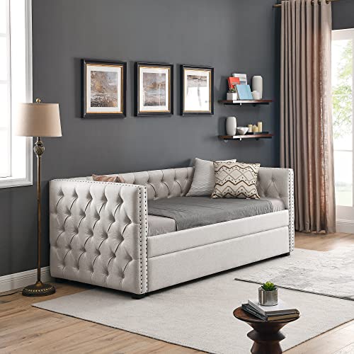 Flieks Upholstered Twin Daybed With Trundle, Twin Size Button Tufted Sofa Bed Daybed With Copper Nail On Square Arms And Wood Slat Support (Beige) #TOP3